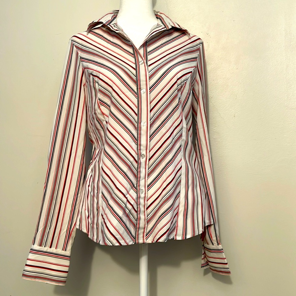East fifth button up long sleeve blouse, pinstripe 24-137